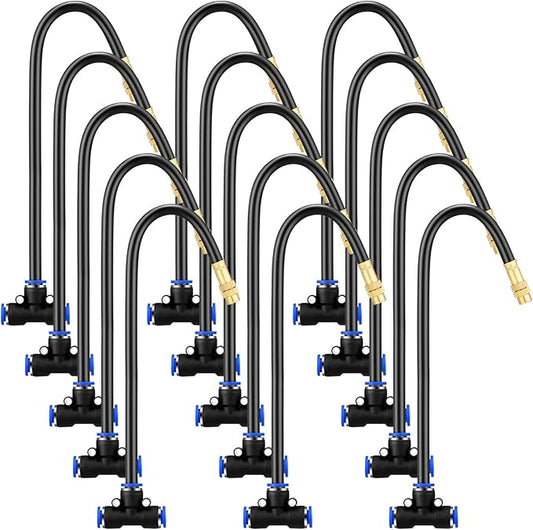 Zonon 15 Pcs Brass Misting Nozzles Tee with 16" Built in Hose for 0.32"/8 mm Tubing 360 Degree Rotation Adjustable Water Mister Nozzle Thread Sprayer Misting Part Accessories for Patio Outdoor Cooling