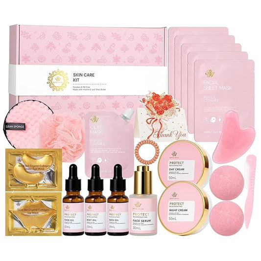 Mother's Day Gifts for Mom, Rose 23 Pcs Facial Skin Care Set, Bath and Body Gifts Basket Set for Women, Home Spa Set, Self-Care Set, Face Oil, Birthday, Christmas, Valentines, Girlfriend, Anniversary