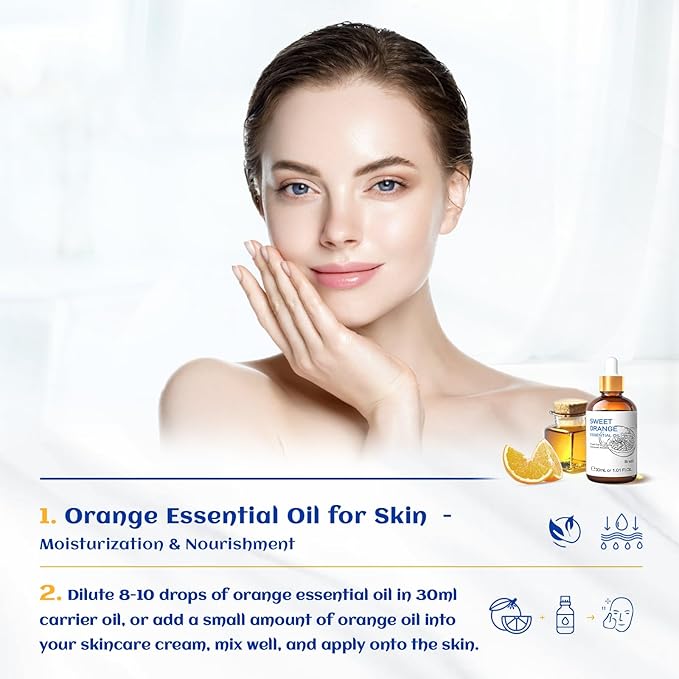 HIQILI 30ML Sweet Orange Essential Oil - Pure and Natural for Diffuser, Skin - 1 Fl Oz