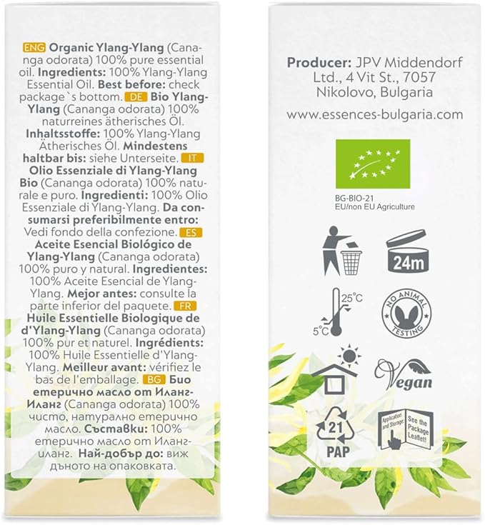 Essences Bulgaria Organic Ylang-Ylang Essential Oil 0.34 Fl Oz 10ml Cananga odorata - 100% Pure Natural Undiluted Therapeutic Grade for Aromatherapy Diffuser Candle and Soap Making Skincare Body Oil