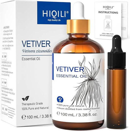 HIQILI 100ML Vetiver Essential Oil, 100% Pure Natural for Diffuser Calm and Relation- 3.38 Fl Oz