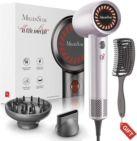 MelodySusie Hair Dryer with Diffuser, 1600W Fast Drying Low Noise Ionic Hair Dryer for Curly Hair with Diffuser,Nozzle and Hair Brush,120,000 RPM Blow Dryer Ideal for Women