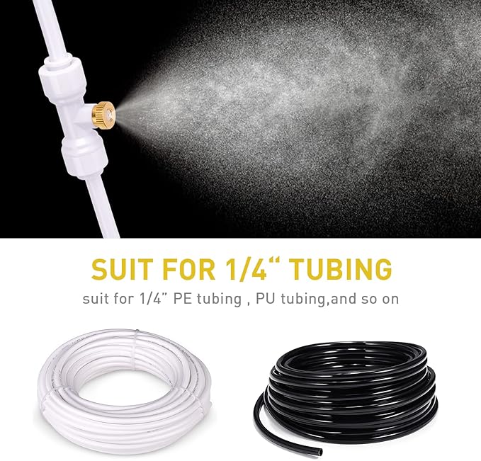 HOMENOTE 10 Pack Brass Misting Nozzles for Outdoor Cooling System, Mister Replacement Nozzles Tee and Plugs for 1/4" Tubing, Misting System Accessories for Patio, Garden, Greenhouse