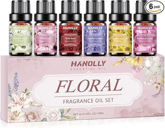 Floral Essential Oils Set - 6 Premium Fragrance Oil for Diffusers, Candle Making, Humidifier - Pink Peony, Wild Rose, Lavender, Sunflower Sandalwood, Bewitched Orchid, White Lily Aromatherapy Oil