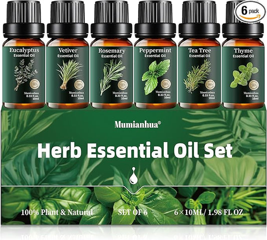 6 Pack Pure Essential Oils Set, Natural Eucalyptus, Peppermint, Tea Tree, Rosemary, Thyme, Vetiver for Aromatherapy Diffuser, Humidifier, Skin & Hair Care, Candle & Soap Making, 6x10ml Mumianhua