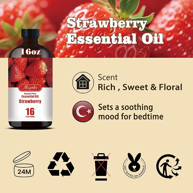 Strawberry Essential Oil – MLYNKL Strawberry Oils 16.33 fl oz for Diffusers, Humidifiers, Massage, DIY Candles, Soap, Cleaning, Home, Yoga, Office, Gifts - 490 ml