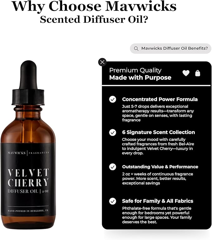 Mavwicks Diffuser Oil (Velvet Cherry) – 2oz Premium Essential Oil Blend for Aromatherapy Diffusers, Long-Lasting Luxury Home Fragrance for Living Room, Bedroom, Office, Bathroom & Hotel