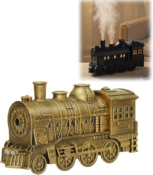 300ML Vintage Train Diffuser, Cool Mist Humidifier with Dual Modes, LED Light, Auto Shut-Off for Bedroom Office (Gold, Without Remote Control)