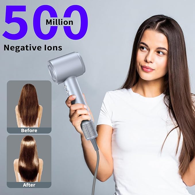 Hair Dryer with Diffuser and Nozzle,High Speed Hair Dryer with Brushless Motor for Fast Drying,Low Noise Thermo-Control (Grey)