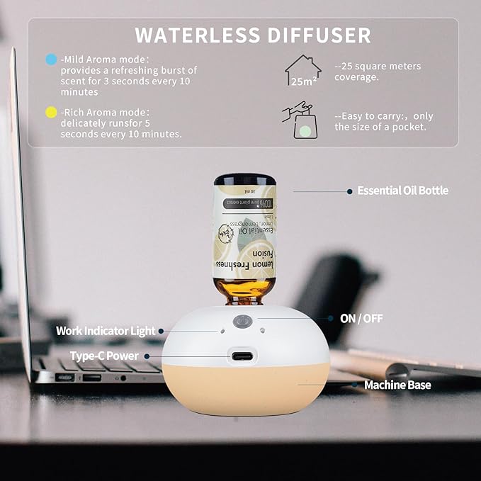 Wecona Waterless Essential Oil Diffuser & 2 Essential Oils Blend Set(30ml) - 2 Mist Modes Scentiment Scent Diffuser Starter Kit for Home,Car,Office,Spa