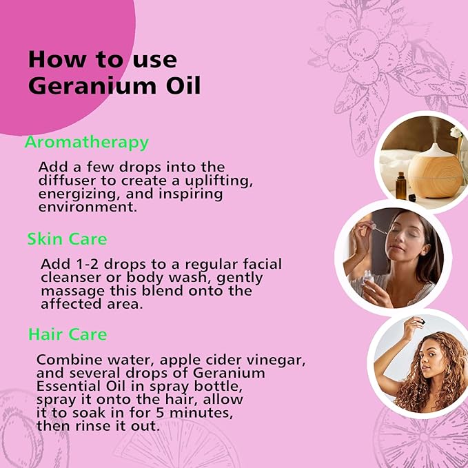 GM Gumili Geranium Essential Oil 10ml, 100% Pure Geranium Oil for Diffuser, Skin, Hair, Face, Soap & Candle Making, Aromatherapy & Massage
