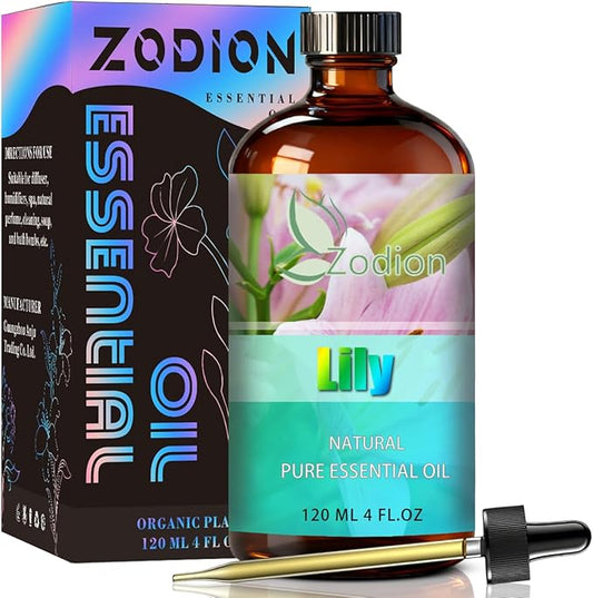 Lily Essential Oil, 4 fl oz (120ml) - ZODION Lily Fragrance Oil for Diffuser, Massage, Humidifier, DIY Candle, Soap Making, Home, Bath, Yoga