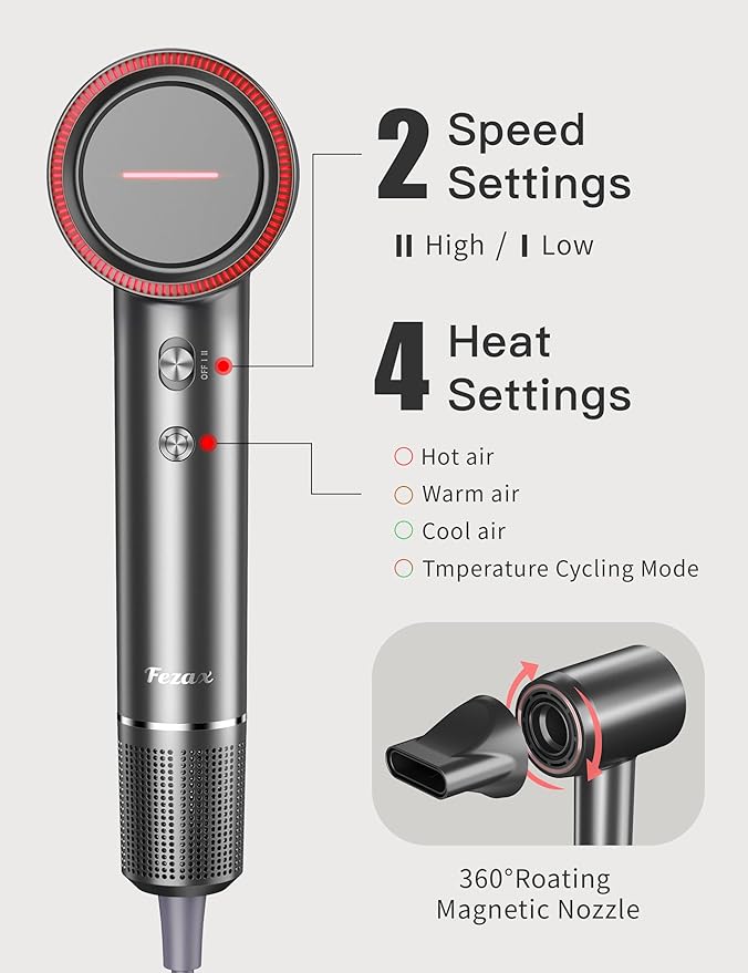 Negative Ionic High-Speed Hair Dryer with 11,0000 RPM Brushless Motor for Fast Drying, Professional Blow Dryer with Diffuser and Nozzle, Low Noise Hairdryer for Salon Home Travel