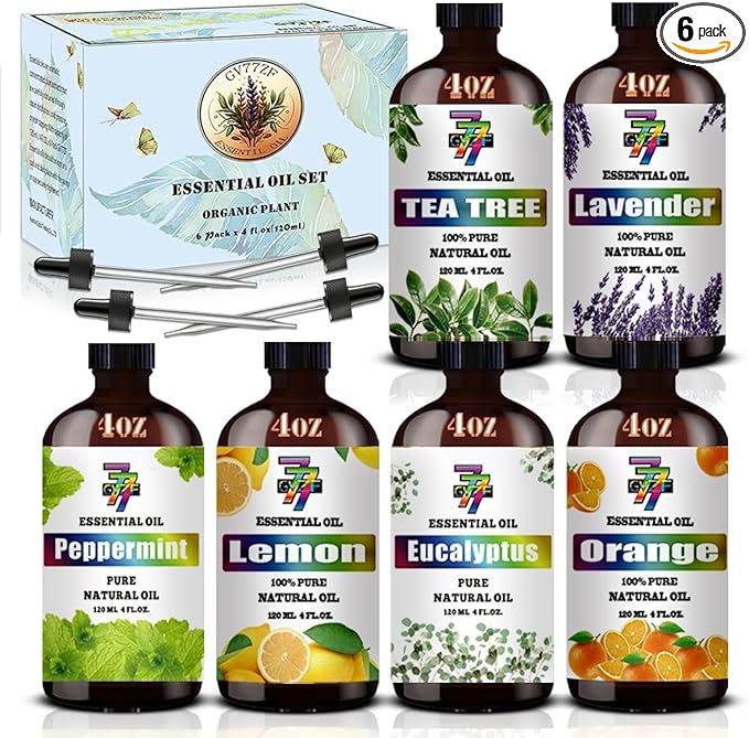 Essential Oil Set - Six Bottles (4 oz/120 ml) of Lavender, Peppermint, Lemon, Sweet Orange, Tea Tree, Eucalyptus Premium Essential Oils for Diffusers, Cleaning Products, Yoga, DIY Soap Candles