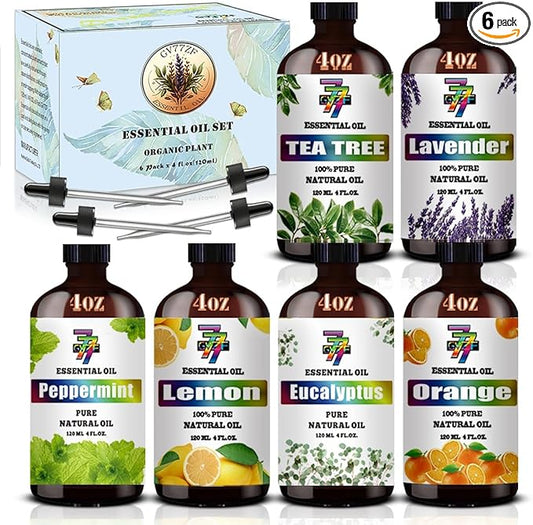 Essential Oil Set - Six Bottles (4 oz/120 ml) of Lavender, Peppermint, Lemon, Sweet Orange, Tea Tree, Eucalyptus Premium Essential Oils for Diffusers, Cleaning Products, Yoga, DIY Soap Candles
