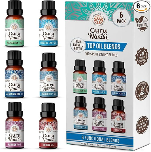 GuruNanda Essential Oil Blends – 6 Pack (10mL Each), Breathe Easy, Tranquility, Relaxation, Harmony, Calming Sleep & Thrive, Natural Aromatherapy Oils for Diffuser, Wellness & DIY