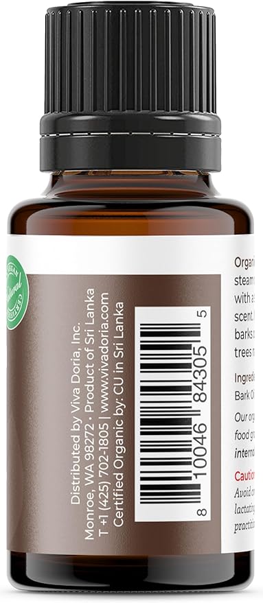 Viva Doria Organic Ceylon Cinnamon Bark Oil - 100% Pure, Natural, Undiluted, Food Grade Essential Oil, 15 mL (0.5 Fl Oz)
