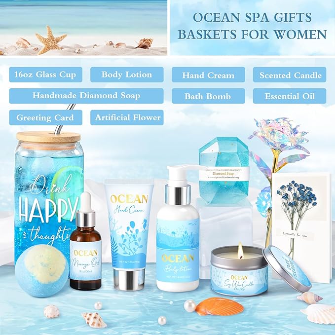 Mothers Day Gifts for Mom, Birthday Gifts for Women, Relaxing Spa Gift Baskets for Women, Ocean Scented Self Care Gift, Bath and Body Inspirational Set for Her Wife Friends Sister Girlfriend Coworker