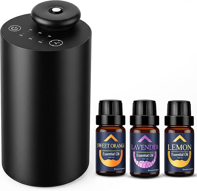 Waterless Essential Oil Diffuser for Car & Home with 3x10ml Oils, Portable Aromatherapy Device, USB-C Rechargeable, 3 Mist Modes, Long Lasting Scent – Black