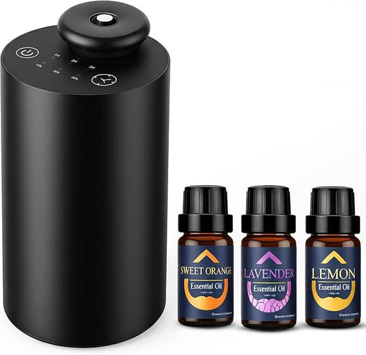 Waterless Essential Oil Diffuser for Car & Home with 3x10ml Oils, Portable Aromatherapy Device, USB-C Rechargeable, 3 Mist Modes, Long Lasting Scent – Black