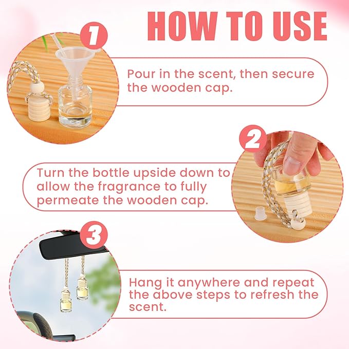 60 Pcs Car Diffuser Bottle Set with Wooden Caps,Dropper and Funnel, Empty Glass Car Air Freshener Bottle Bulk Hanging Essential Oil Fragrance Pendants for Car Decor，Can DIY Car Air Freshners Diffuser