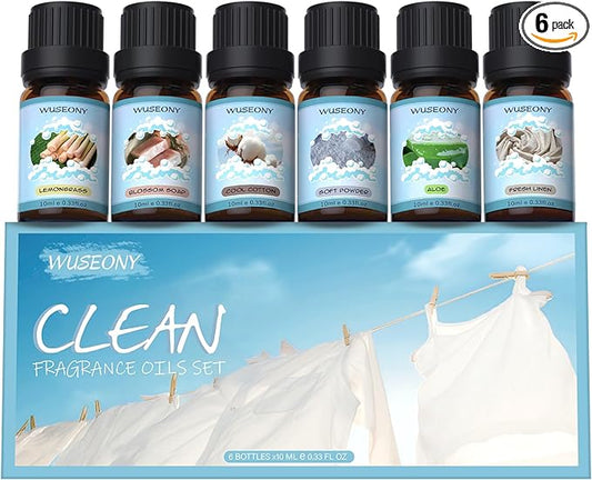 WUSEONY Clean Fragrance Oils Set, Premium Essential Oils for Diffuser for Home, Scented Oil for Soap & Candle Making Scents - Lemongrass, Aloe, Blossom Soap, Fresh Linen, Soft Powder, Cool Cotton