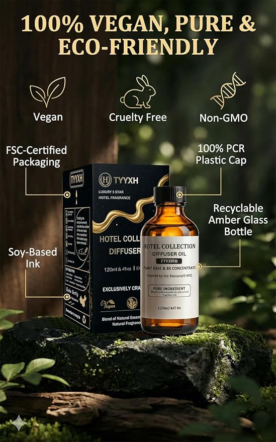 Hotel Diffuser Oil Inspired by Baccarat NYC – Fragrance & Essential Oil Blend for Waterless & Cold Air Diffusers – Bergamot, Mint, Cedarwood – Long-Lasting Aroma – Aromatherapy – 4 Fl Oz Glass Bottle