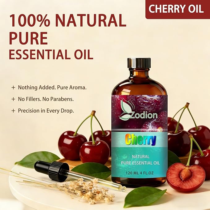 Cherry Essential Oil, 4 fl oz (120ml) - ZODION Cherry Fragrance Oil for Diffuser, Massage, Humidifier, DIY Candle, Soap Making, Home, Bath, Yoga