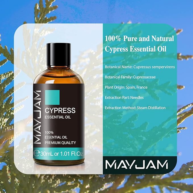 MAYJAM Cypress Essential Oil, 1.01fl.oz Cypress Oil with Glass Dropper, Ideal for Bedroom Living Room Office Use(30ml)