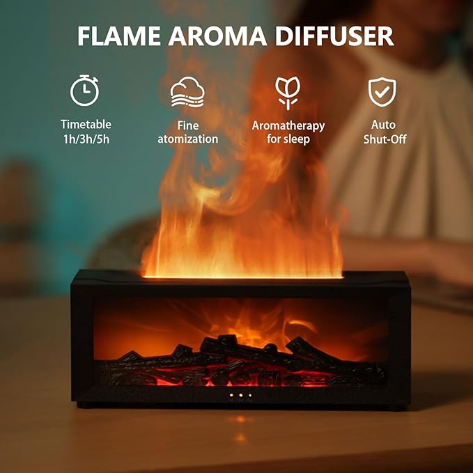 Essential Oil Diffuser, Fireplace Flame Aromatherapy Diffuser with 7 Colors Light, Oil Diffuser, Humidifier, Aroma Diffusers for Home, Office, Yoga, Timer & Waterless Auto Off