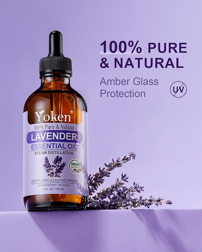 Yoken Lavender Essential Oil, 4 fl oz, Steam Distilled, Concentrated Formula with Soft Balanced Aroma, Without Added Fragrance