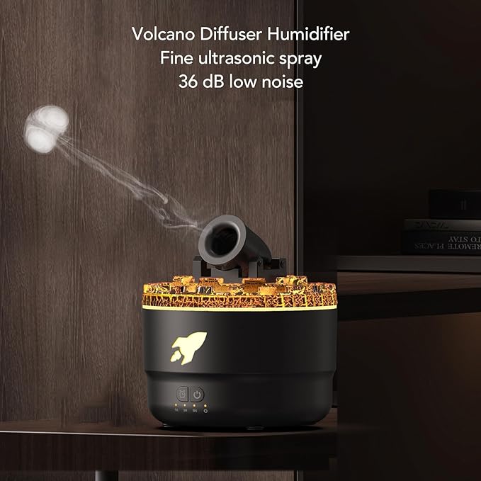 Volcano Humidifier, 200mL Low Noise RGB Light Ultrasonic Oil Diffuser with Auto Shut Off Turret Design Volcano Diffuser Humidifier with Timer Mode for Home Bedroom Office