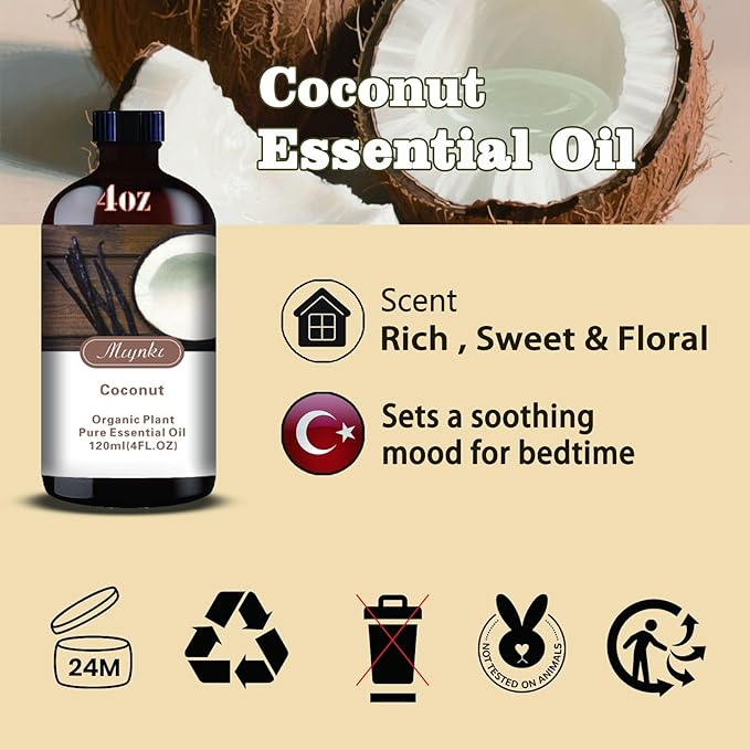 Coconut Essential Oil – MLYNKL Coconut Oils 4.33 fl oz for Diffusers, Humidifiers, Massage, DIY Candles, Soap, Cleaning, Home, Yoga, Office, Gifts - 130 ml