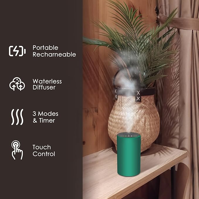 Waterless Essential Oil Diffuser, 7 Colors LED Light, Battery Powered Mini Scent Air Machine, Aromatherapy Mist Diffuser for Home Room Car Office，Black Aluminum Alloy (Green)