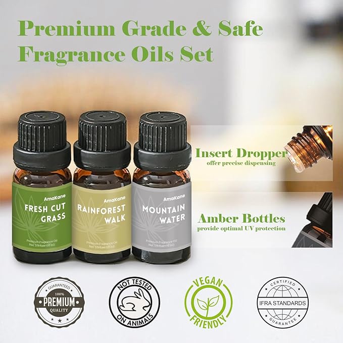 AmaKane Nature Fragrance Oil, Essential Oils for Diffuser, Soap Candle Making Scents, Fresh Cut Grass, Dewy Morning, Rainforest Walk, Sunlit Coast, Mountain Water, Wet Earth, 6x10 ml