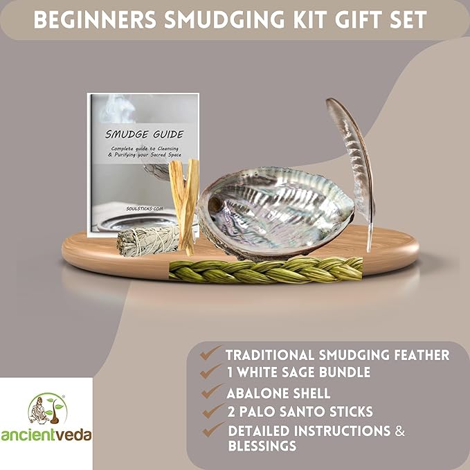 Ancient VEDA Organic Smudge Kit – California White Sage, Palo Santo, Sweetgrass, Abalone Shell, Feather & Smudge Guide | Smudging Kit for Home Energy Cleansing, Meditation, (Healer's Kit, White Sage)