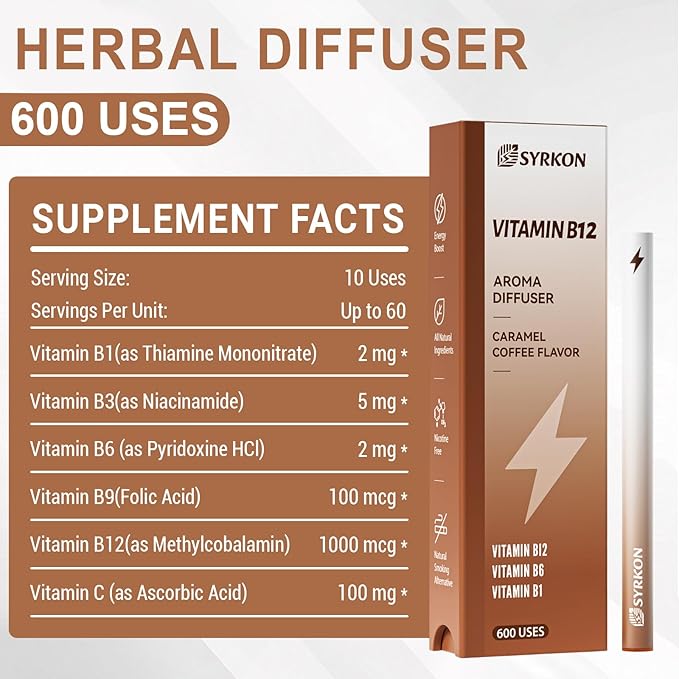 Energy Herbal Diffuser Pen, Vitamin B 12, B 6, B1, Natural Vitality Boost & Focus Clarity, Caramel Coffee Flavor, Habit Shift, Natural Alternative - 600 Uses
