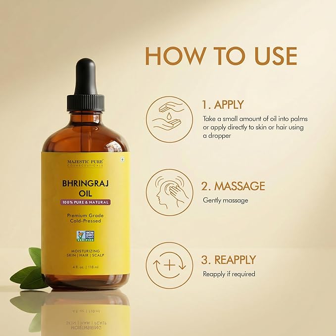 Majestic Pure Bhringraj Premium Carrier Oil 4oz (118ml) With Dropper for Hair Oiling, Scalp Massage & Skin Care