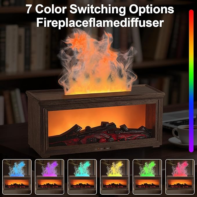 Fireplace Flame Essential Oil Diffuser Humidifier - Ultrasonic Aroma Diffuser with 7-Color Flame Effect, Remote Control & Auto-Off Timer for Bedroom, Home Office,Yoga(Dark Wood Grain)
