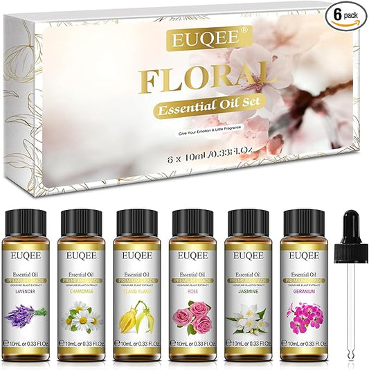 EUQEE 6 Pcs Pure Essential Oils Set, Premium Floral Scent Kit for Aromatherapy Diffuser, DIY Body Care, Home Fragrance, Massage– Lavender, Rose, Ylang Ylang, Jasmine, Geranium, Chamomile