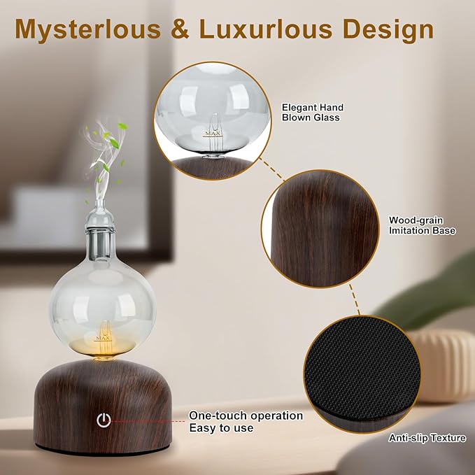 Lychee Rechargeable Waterless Essential Oil Diffuser, Aromatherapy Spray Glass Oil Diffuser, Touch Control with 2 Modes,Travel Portable，Silent Operation and Auto-Off Yellow Light for Home Office