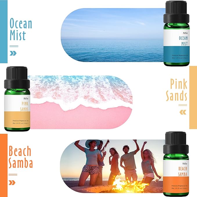 Beach Fragrance Oils Set, MitFlor Essential Oils for Diffusers for Home, 6x10ml, Fragrance Oil for Soap Candle Making, Premium Summer Diffuser Oils Scents, Pink Sands, Ocean Mist and More
