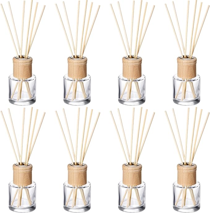 Roshtia 8 Set Reed Diffuser Bottle Empty Refillable Fragrance Glass Diffuser Bottles Set with Wooden Caps Sticks 50ml 1.7 oz Round Glass Jars for DIY Fragrance