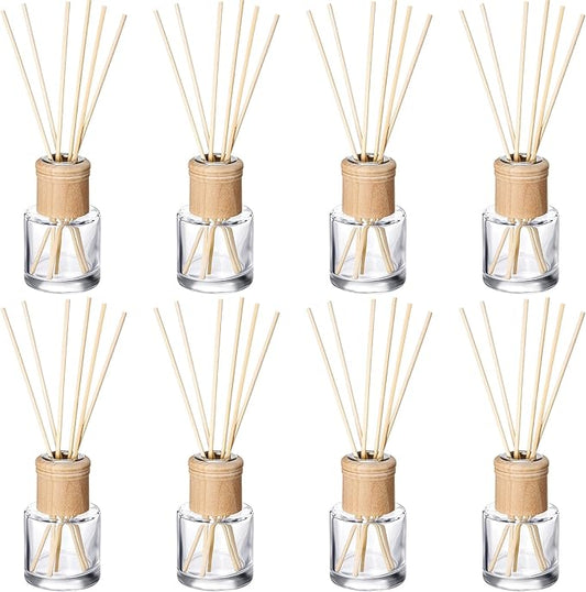 Roshtia 8 Set Reed Diffuser Bottle Empty Refillable Fragrance Glass Diffuser Bottles Set with Wooden Caps Sticks 50ml 1.7 oz Round Glass Jars for DIY Fragrance