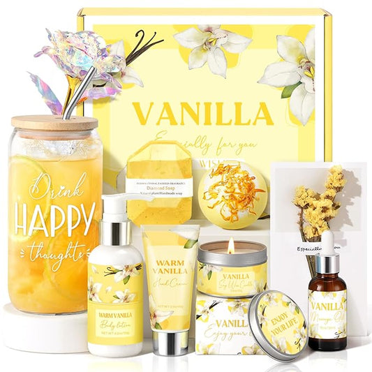 Mothers Day Gifts for Mom, Birthday Gifts for Women, Relaxing Spa Gift Baskets for Women, Warm Vanilla Self Care Package, Bath and Body Inspirational Gift Set for Her Wife Best Friend Sister Coworker