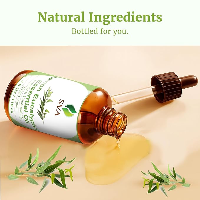 SVA Lemon Eucalyptus Essential Oil – 4 Fl Oz – 100% Natural Citriodora Oil - for Diffuser, Hair Care, Face, Skin Care, Aromatherapy, Scalp and Body Massage, Soap and Candle Making – with Dropper
