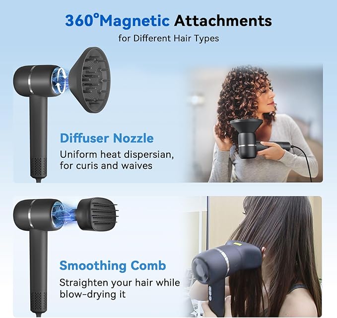 Hair Dryer with Smoothing Brush,160000RPM High Speed Blow Dryer,Negative Ionic Care Hair Dryer,Fast Drying Less Heat Damage Blow Dryer,Thermo-Control Low Noise with Diffuser, Black
