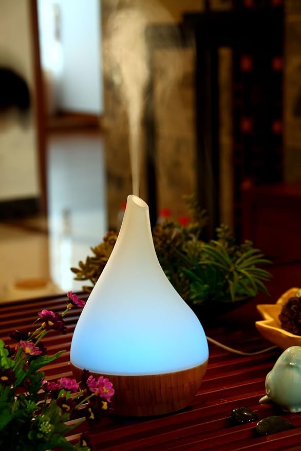 EcoGecko Essential Oil Diffuser Aromatherapy Oil Diffuser Solid Wood Bamboo Wood with Glass Top, Ultrasonic Cool Mist Oil Diffuser with Soft Color Changing Lights, Waterless Auto Shut-Off