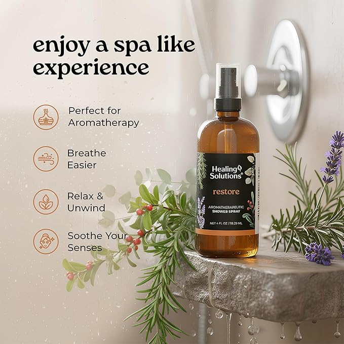 Healing Solutions Aromatherapy Shower Spray, Restore Blend, 4oz, Essential Oils, Made in the USA, At Home Spa Experience, Promotes Muscle Relaxation