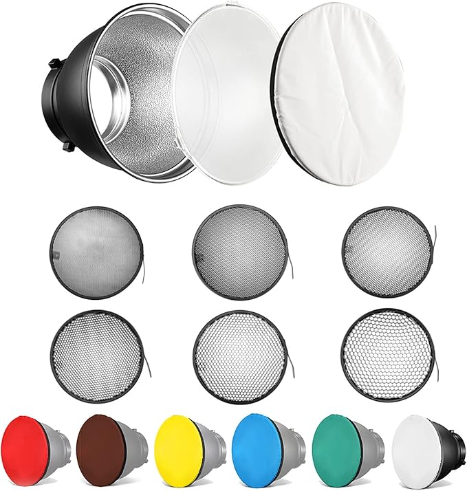 Soonpho Standard Reflector Beauty Dish Diffuser Lamp Shade 7"/ 18cm Photography with 10°/20°/30°/40°/50°/60° Degree Honeycomb Grid,6 Colors Soft Cloth for Studio Strobe Flash Light Speedlite